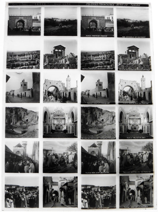 Educa.Colonnies Françaises. Série 70 "Tunisie" Stereo 12 Vues sur plaque de verre positive 13x18 pour borne stéréoscopique Educa.